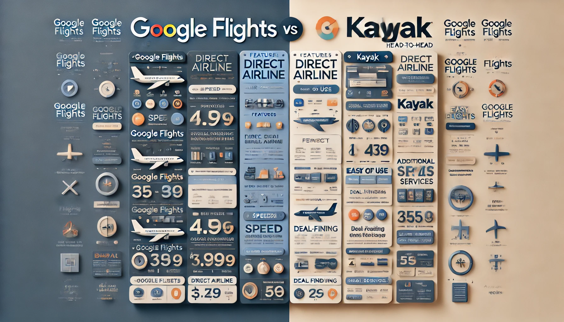 Comparison image of Google Flights Explorer vs. Kayak Explorer showcasing features for finding affordable travel options.