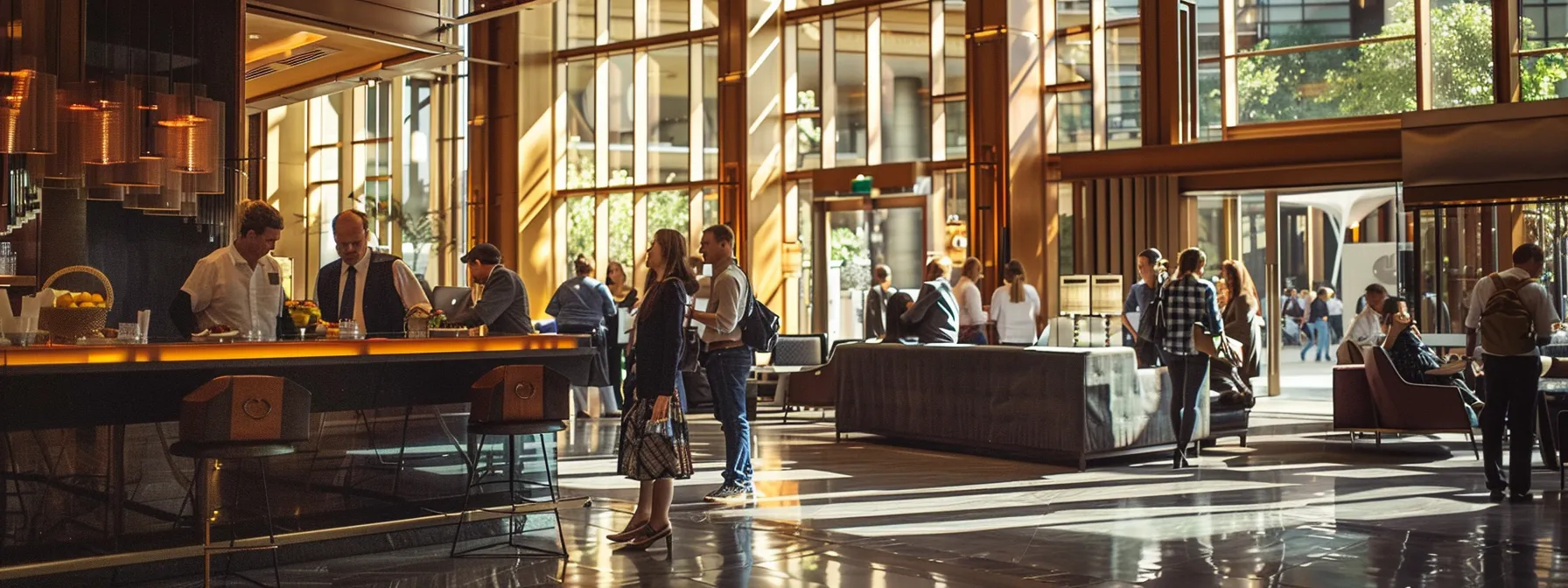 a luxurious hotel lobby bustling with elegantly dressed guests checking in, surrounded by vibrant decor and modern design elements that embody the exclusivity of the hilton honors rewards program.