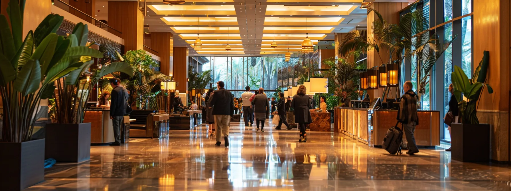 a luxurious hotel lobby bustling with guests checking in, elegantly designed with contemporary furnishings and warm ambient lighting, highlighting the marriott bonvoy rewards program's invitation to effortless travel experiences.