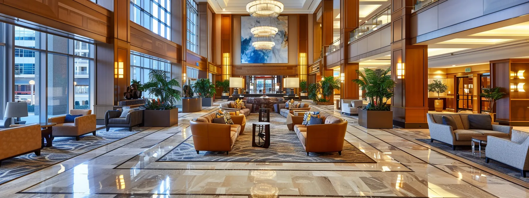 a luxurious hotel lobby showcases elegant furnishings and a prominent display highlighting the marriott bonvoy rewards program, creating an inviting atmosphere that emphasizes exclusivity and comfort.