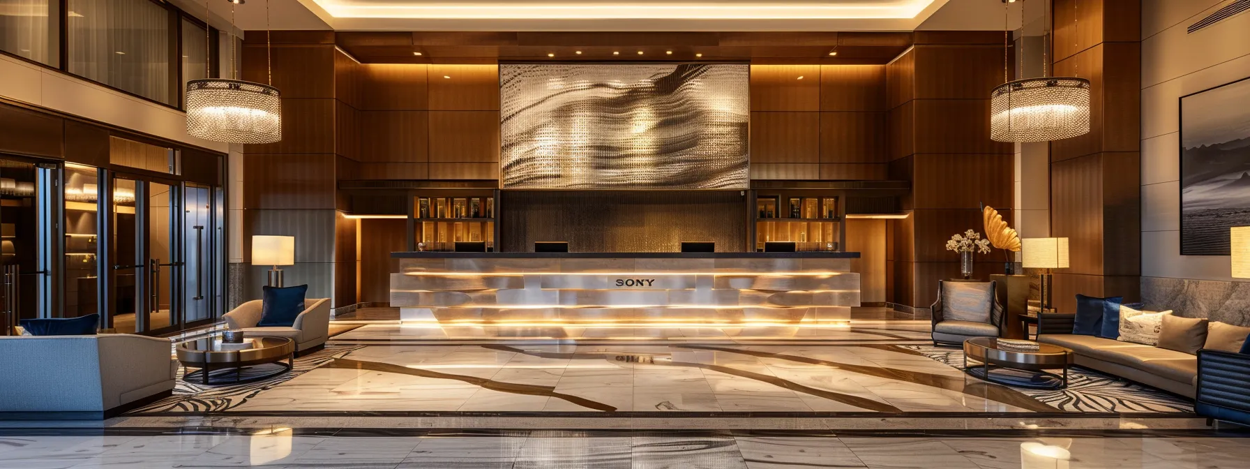 a luxurious hotel lobby showcases modern elegance, featuring plush seating and a gleaming reception desk adorned with sophisticated decor, emphasizing the welcoming atmosphere of the hilton honors rewards program.