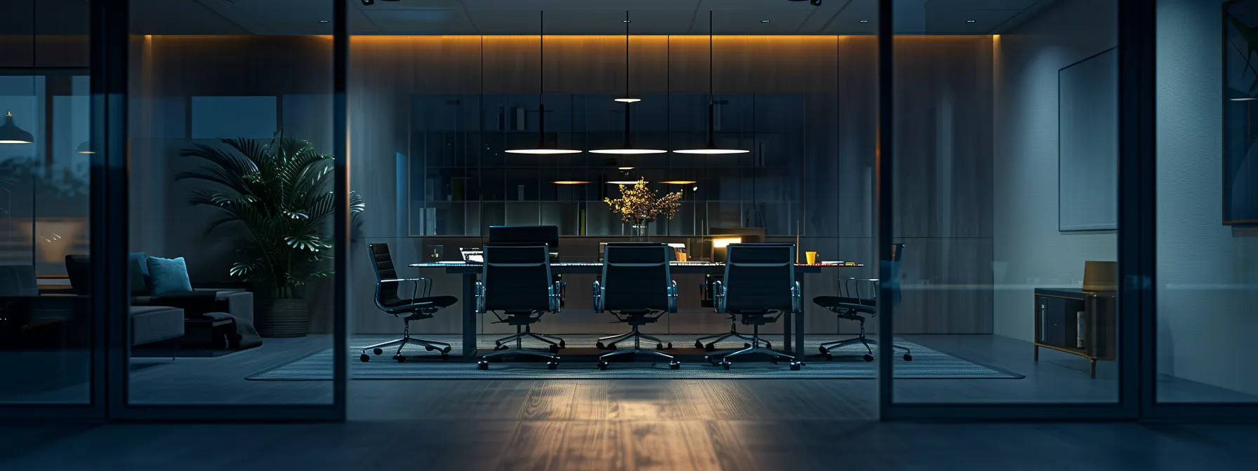 a modern office space is illuminated by sleek overhead lighting, featuring a prominent conference table surrounded by stylish ergonomic chairs, emphasizing a dynamic corporate atmosphere ready for collaboration.