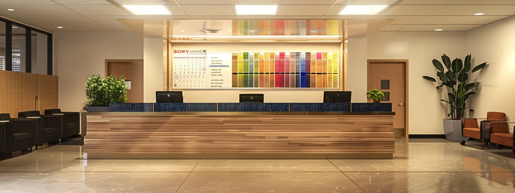 a modern office space with a polished wooden desk showcasing an array of colorful credit union cards, accompanied by financial goal charts and a laptop displaying a security policy document, illuminated by soft, focused overhead lighting.