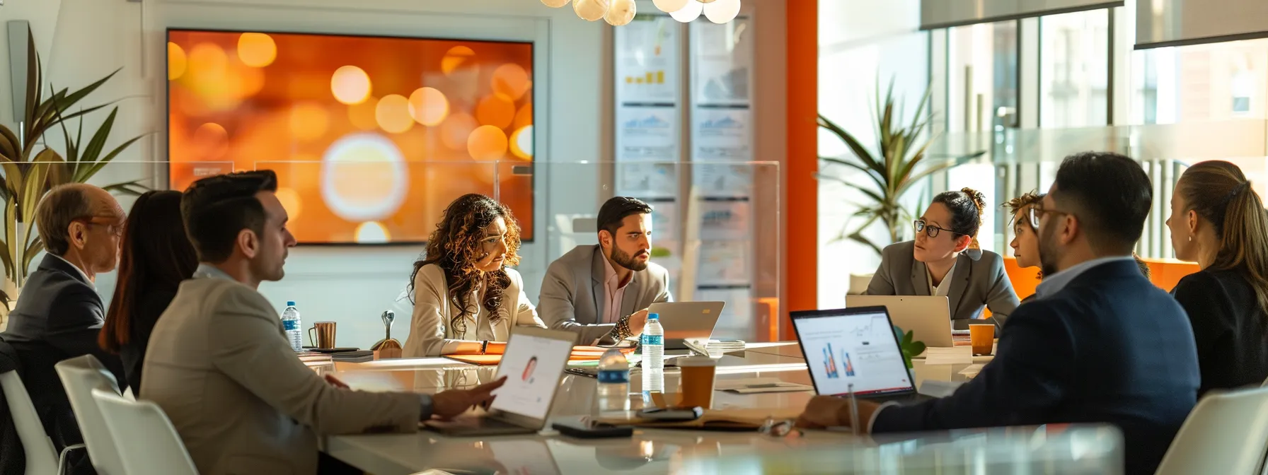 a modern, vibrant office environment showcases a diverse group of professionals engaged in an animated discussion around a sleek conference table, adorned with travel brochures and digital devices displaying ihg one rewards points and membership tiers, emphasizing the theme of enhancing travel experiences through strategic rewards management.
