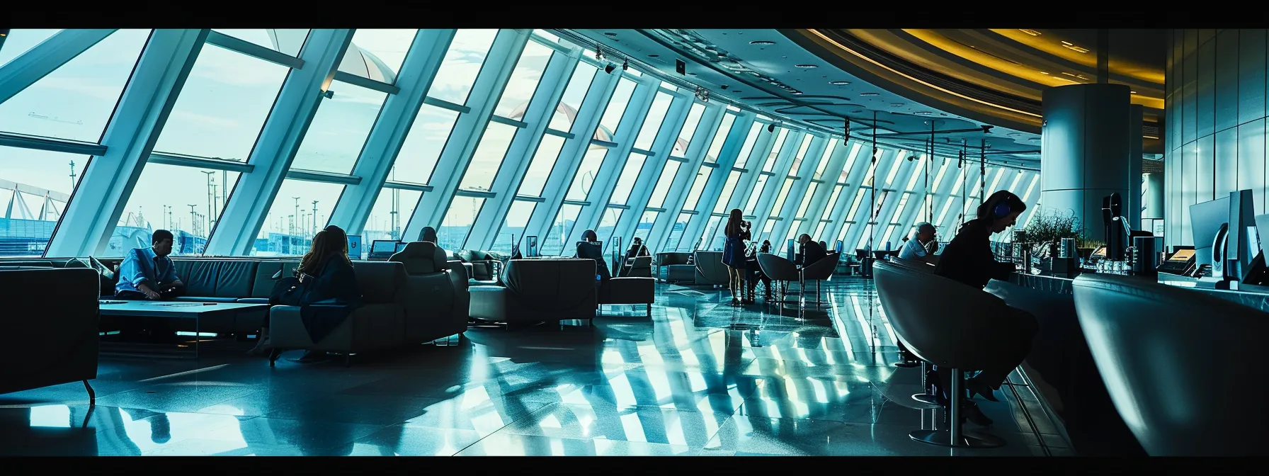 a sleek airport lounge bustling with business travelers enjoying luxurious amenities, framed by modern decor and softened by ambient lighting, reflects the premium experience offered by united mileage plus credit cards.