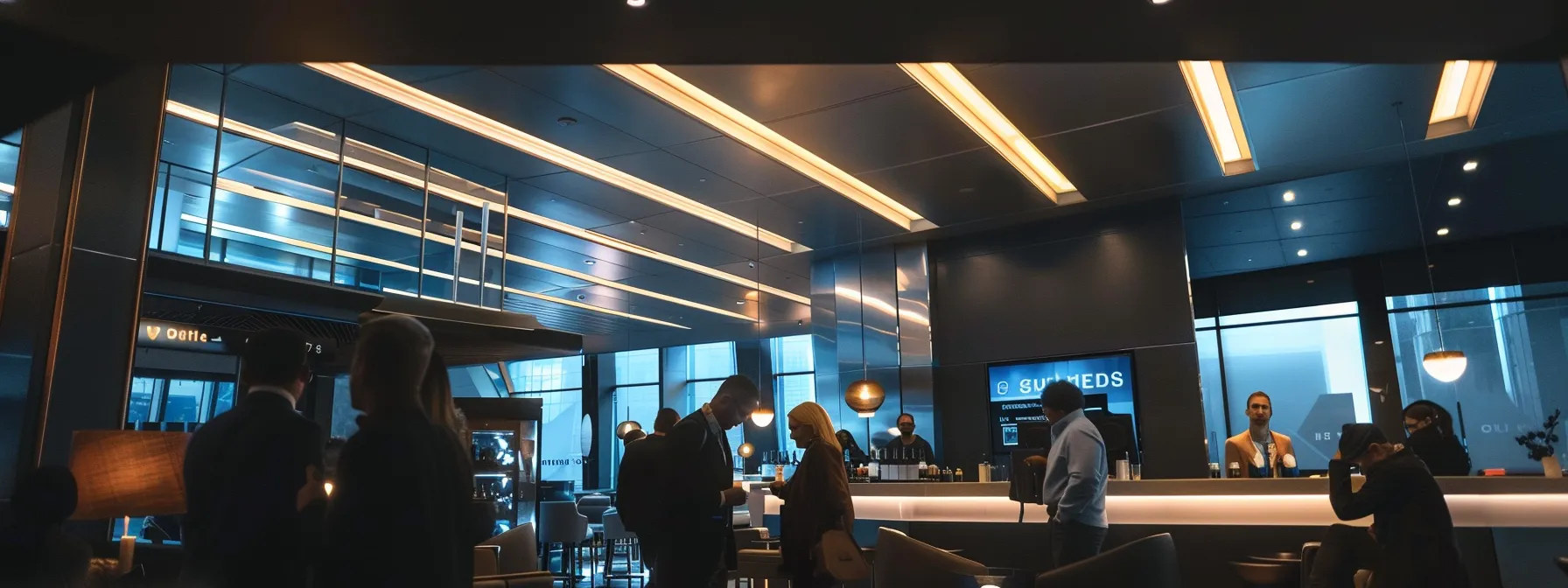a sleek, modern airport lounge filled with well-dressed travelers enjoying exclusive amenities, illuminated by stylish overhead lighting, embodying the luxury and benefits of united mileage plus credit cards with united airlines.
