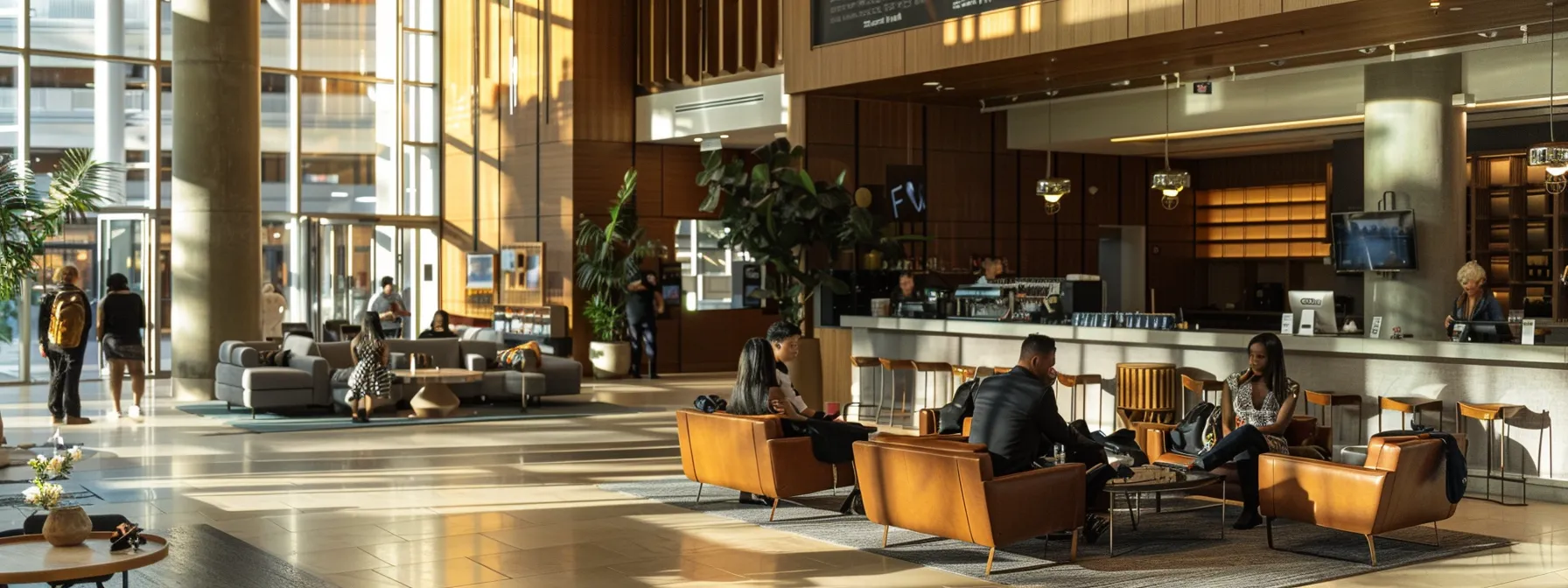 a sleek, modern hotel lobby bustling with diverse guests engaging in vibrant discussions, showcasing luxurious decor and welcoming staff as a visual testament to the hilton honors rewards program.
