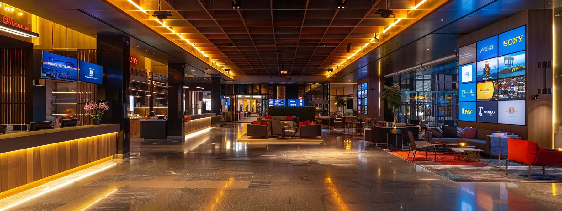 a sleek, modern hotel lobby filled with eager travelers checking their devices for ihg one rewards points, alongside vibrant digital displays showcasing award categories and enticing travel destinations.