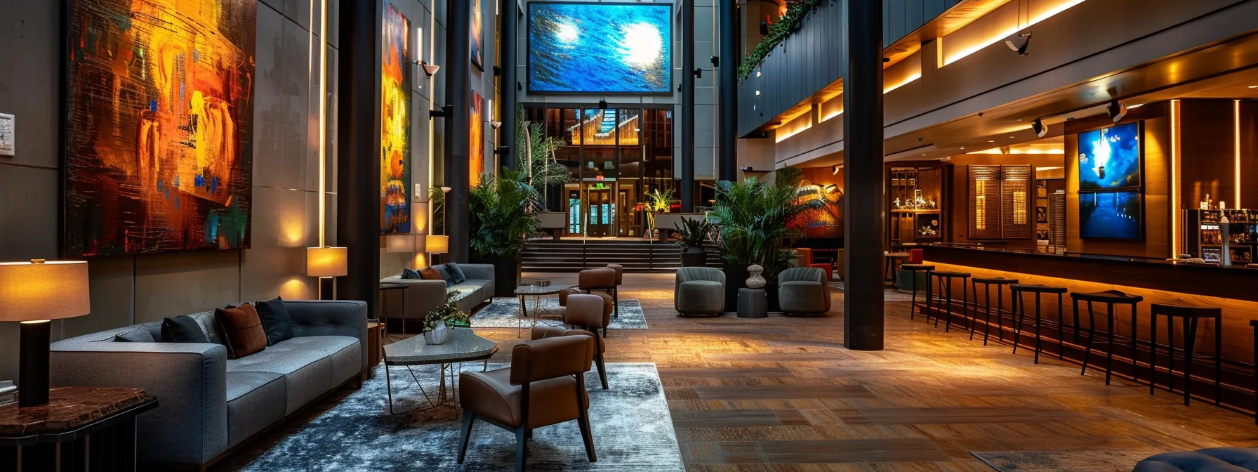 a sleek, modern hotel lobby adorned with luxurious furnishings and vibrant artwork, reflecting the sophistication and warmth of the hilton honors rewards program, illuminated by soft, ambient lighting to create an inviting atmosphere.