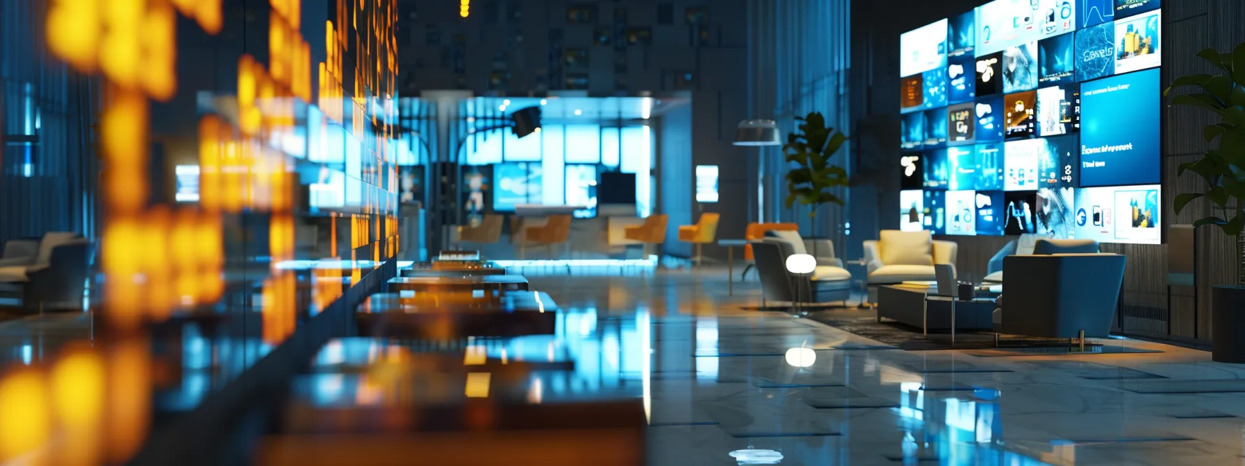 a sleek, modern hotel lobby filled with stylish furnishings and ambient lighting, showcasing a digital display of various hotel reward programs to engage guests.