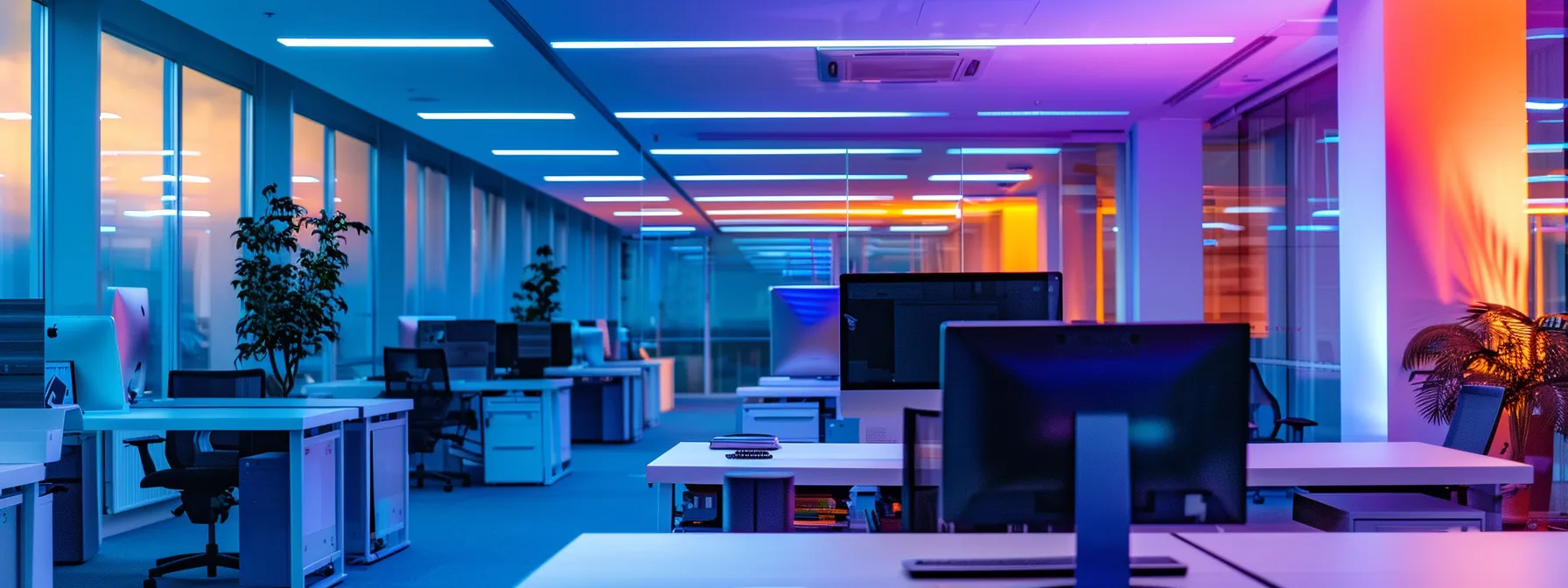 a sleek, modern office brimming with sophisticated technology, showcasing a vibrant digital collaboration on large screens, bathed in dynamic led lighting that highlights the energy of teamwork.