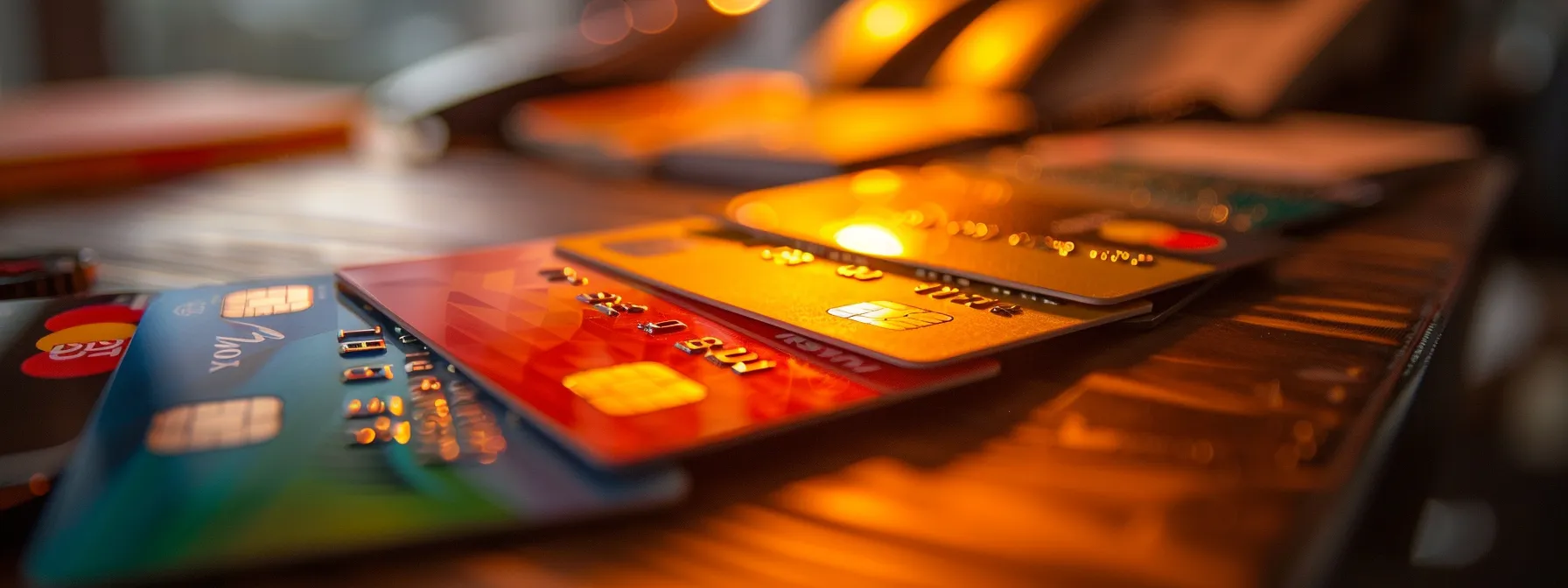 a sleek, modern office desk is adorned with an array of vibrant credit cards, each prominently showcasing enticing rewards and offers, illuminated by warm, focused lighting that highlights their polished edges and sophisticated designs.