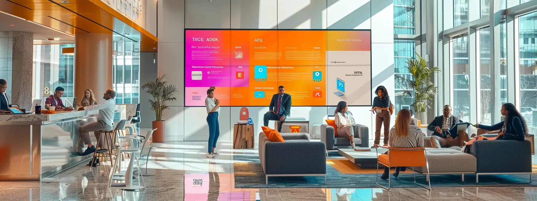 a sleek, modern office environment showcases a diverse group of professionals intensely discussing credit union card features, with vibrant infographics displayed on a large screen illustrating rewards, interest rates, and travel benefits.