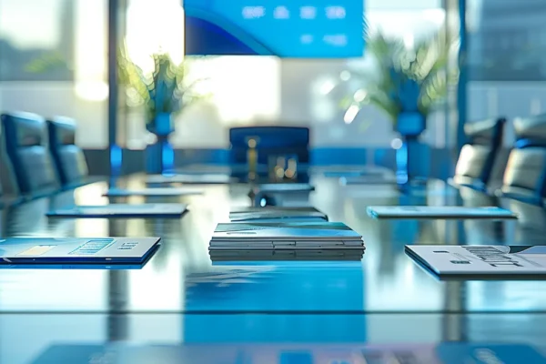 a sleek, modern office setting features a polished conference table adorned with visually captivating promotional materials showcasing a vibrant array of credit card designs, emphasizing enticing introductory offers under soft, focused lighting.