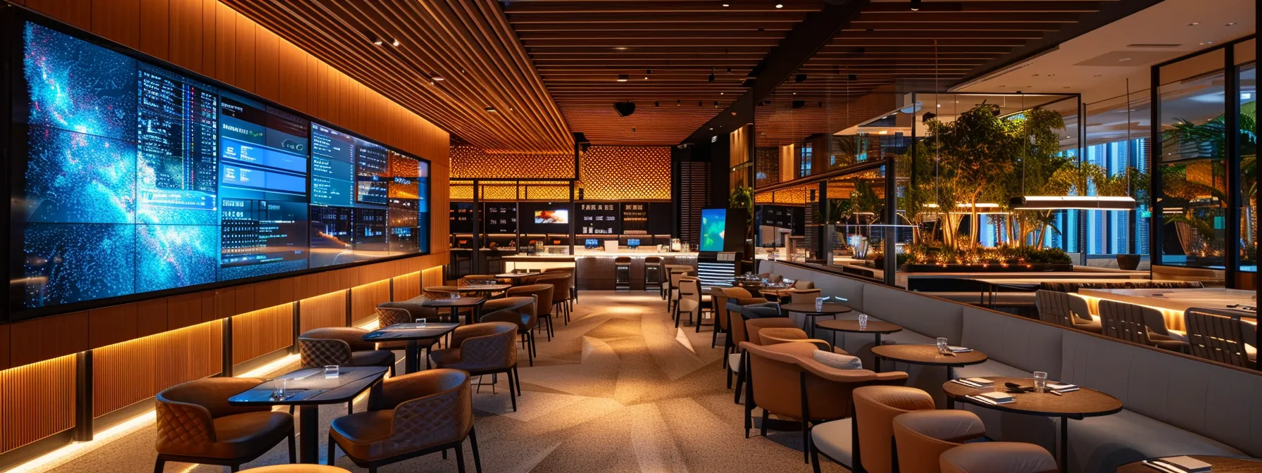 a sleek, modern office space is illuminated by ambient lighting, showcasing a collaborative meeting area with a large interactive screen displaying vibrant data visualizations, symbolizing innovation and teamwork in a cutting-edge business environment.