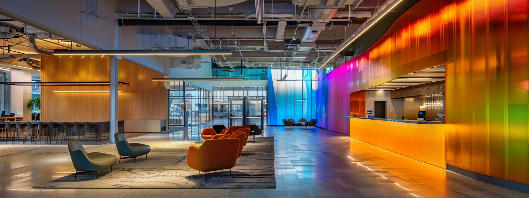 a sleek, modern office space is illuminated by dynamic, colorful light projections, showcasing the fusion of technology and creativity in a vibrant work environment.