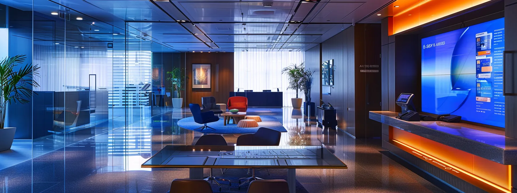 a sleek, modern office space features a prominent display of vibrant credit cards illuminated by dramatic spotlights against a polished glass table, conveying an enticing allure of top-tier financial offers.
