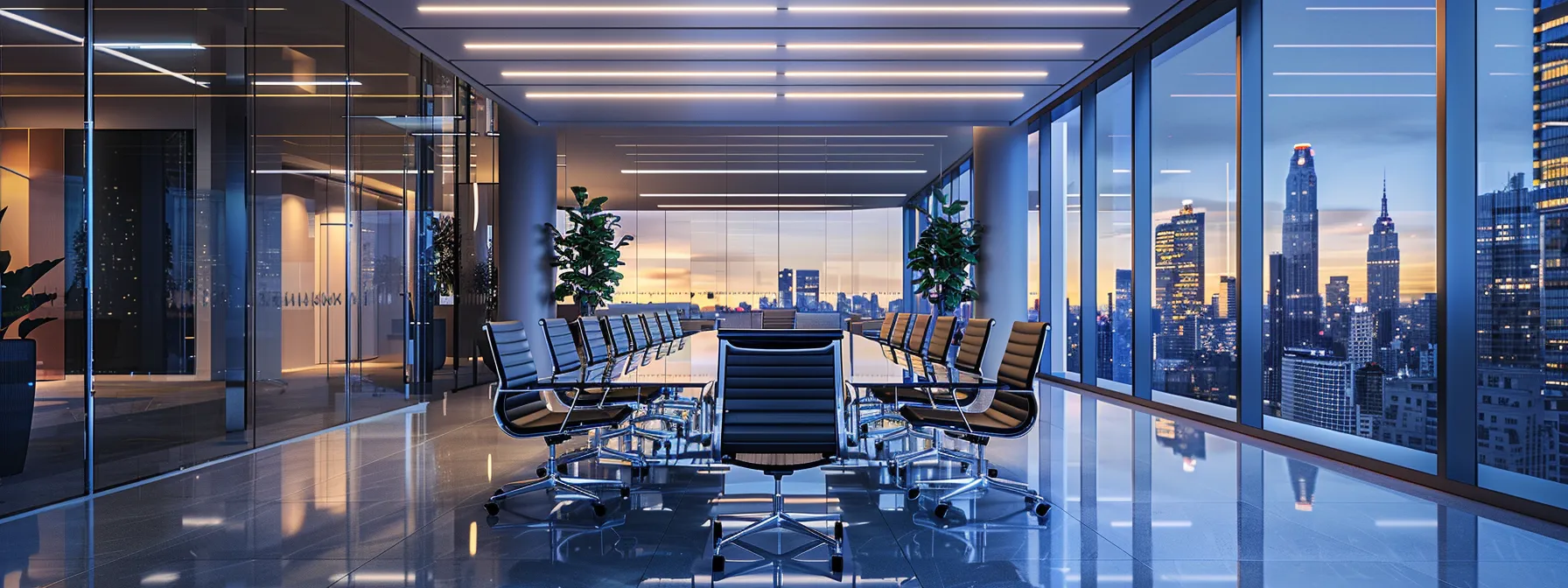 a sleek, modern office space features a large glass conference table surrounded by minimalist chairs, illuminated by bright overhead lights that reflect off polished surfaces, emphasizing the collaborative energy of a high-stakes business meeting.