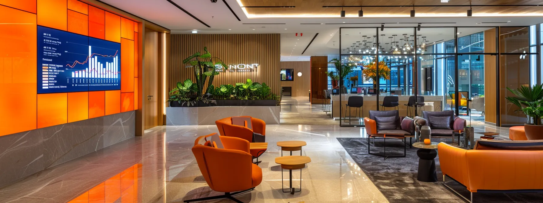 a sleek, modern office space features a vibrant digital display showcasing ihg one rewards points accumulating, with a dynamic graph illustrating the benefits of membership against a backdrop of stylish furnishings and ambient lighting.