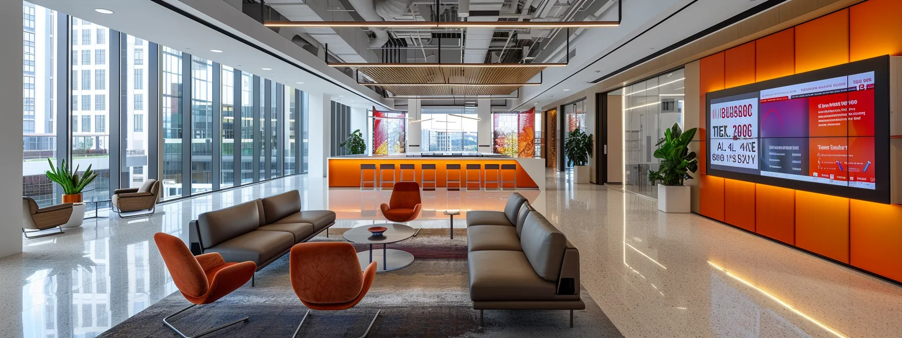 a sleek, modern office space features a vibrant digital display showcasing ihg one rewards progress, with engaging infographics illustrating strategies for maximizing ihg points through various loyalty programs.