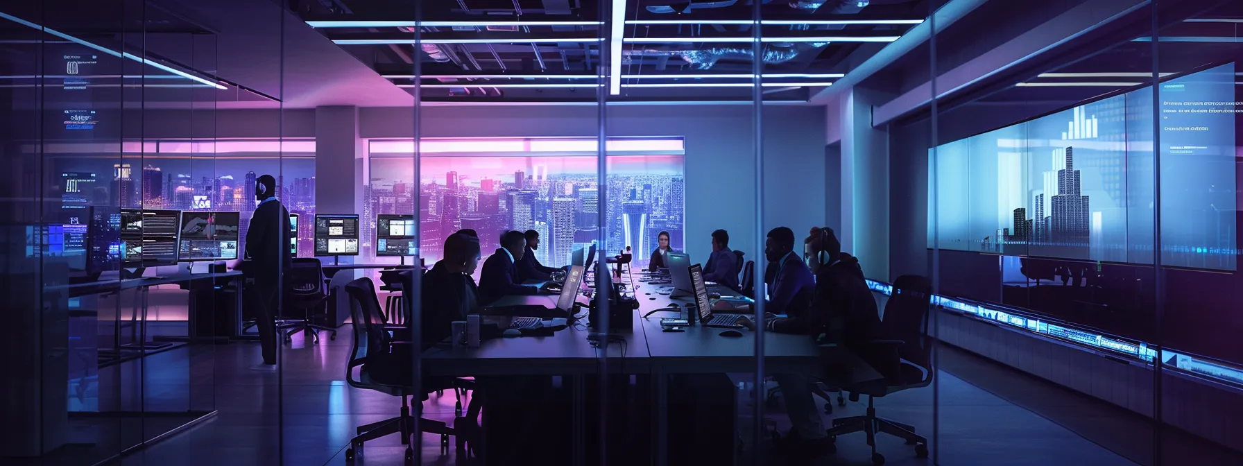 a sleek, modern office with vibrant tech displays and a dynamic team collaborating around a central conference table, embodying innovation and teamwork in a professional environment.