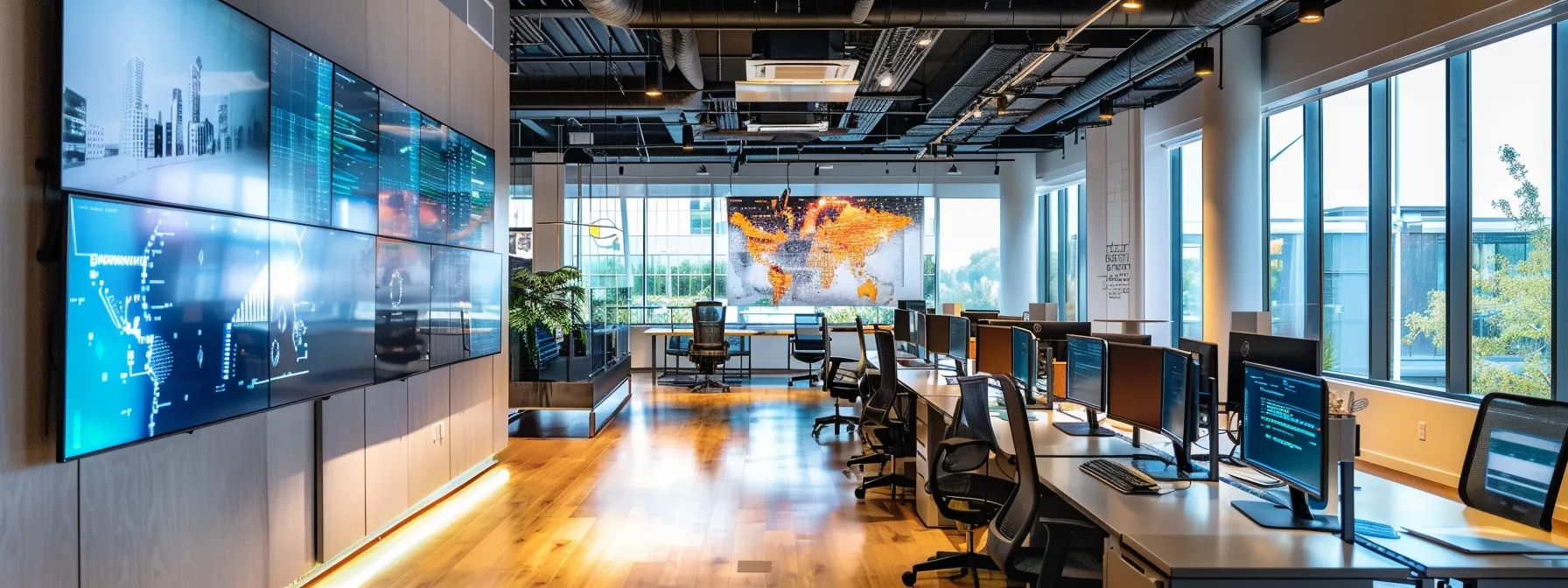 a sleek, modern office workspace is filled with vibrant digital displays showcasing innovative tech concepts, illuminated by focused overhead lighting that enhances the futuristic atmosphere.