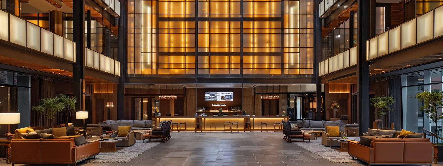 a sophisticated hotel lobby exudes an inviting ambiance with elegant furnishings and warm lighting, showcasing a prominent display of marriott bonvoy rewards program highlights on sleek digital screens.