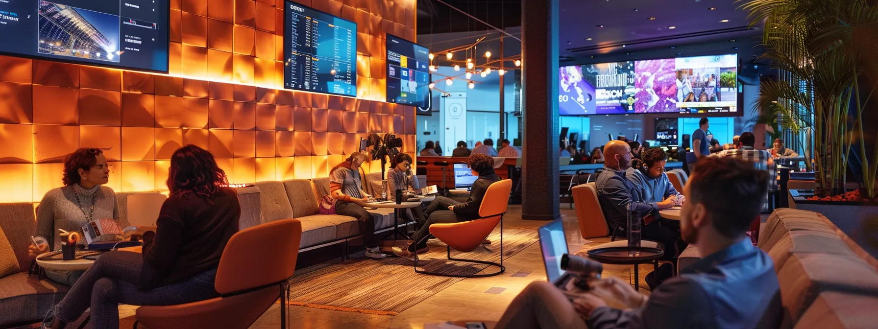 a vibrant and modern airport lounge filled with travelers eagerly discussing their rewards points, featuring sleek seating, stylish decor, and bright digital displays showcasing flight information and loyalty program benefits.