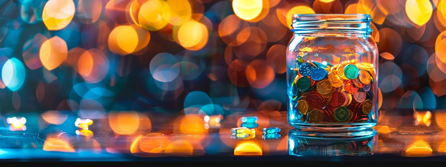 a vibrant, close-up shot of an overflowing glass jar filled with colorful credit card reward points, illuminated by warm, golden lighting to evoke a sense of abundance and opportunity.