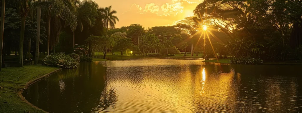 a vibrant golden sunset casts dramatic shadows over a tranquil lake, creating a serene and reflective atmosphere surrounded by lush green forests.