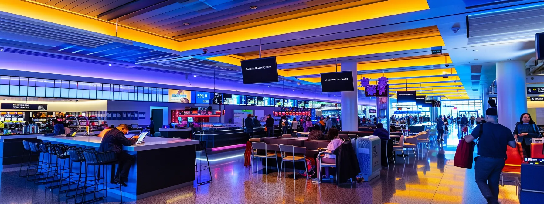 a vibrant, modern airport lounge bustling with travelers checking in and using digital devices, illuminated by sleek overhead lights, emphasizing the excitement of earning and redeeming southwest rapid rewards points for travel adventures. Southwest Rapid Rewards