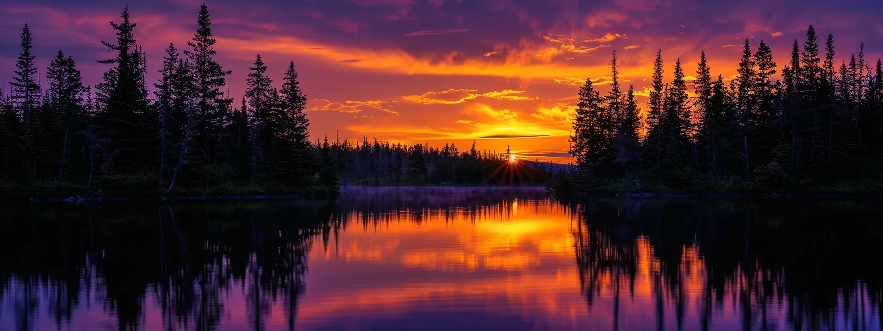 a vibrant sunset casts a warm golden glow over a tranquil lake, reflecting the silhouette of towering pine trees against a canvas of deep orange and purple sky.