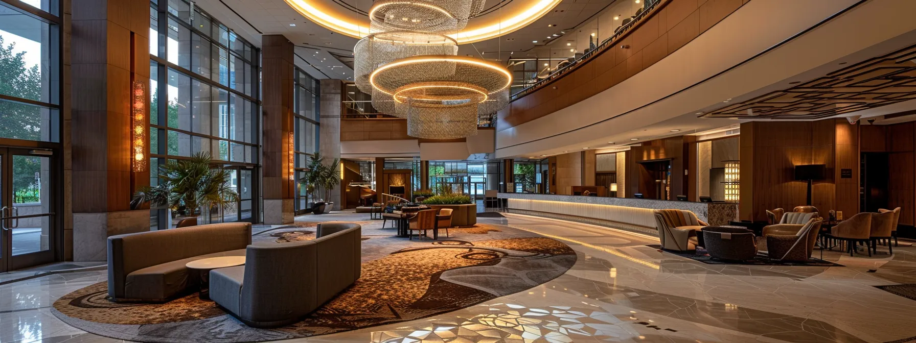 an elegant hotel lobby showcasing a modern check-in area, adorned with sophisticated decor and dynamic lighting, capturing the luxurious essence of the hilton honors rewards program.