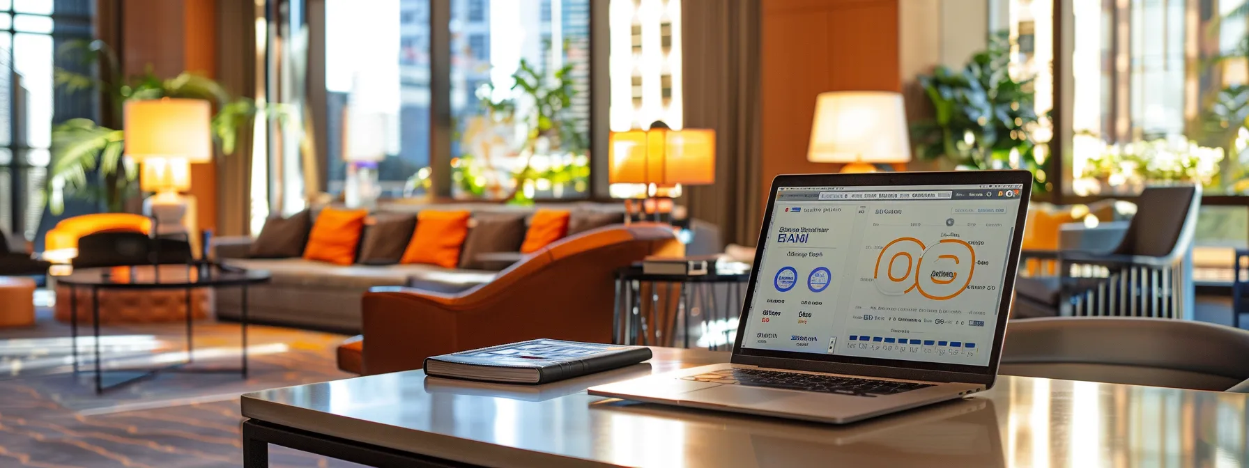 an elegantly designed office space features a sleek laptop displaying the ihg one rewards program interface, highlighted by prominent infographics showcasing point comparisons and redemption options against a backdrop of luxury hotel imagery.