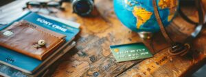 a sleek, modern credit card sits prominently on a polished wooden desk, surrounded by vibrant travel brochures and a stylish globe, conveying the allure of unlocking remarkable travel rewards through the best credit union cards.