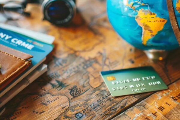 a sleek, modern credit card sits prominently on a polished wooden desk, surrounded by vibrant travel brochures and a stylish globe, conveying the allure of unlocking remarkable travel rewards through the best credit union cards.
