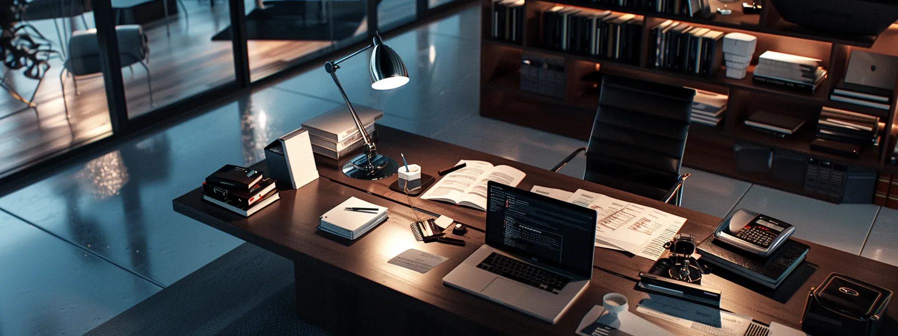 a modern office setting featuring a confident individual reviewing their credit report on a sleek laptop, surrounded by financial documents and strategy notes, symbolizing proactive steps taken to enhance their credit score for better rewards credit card options.