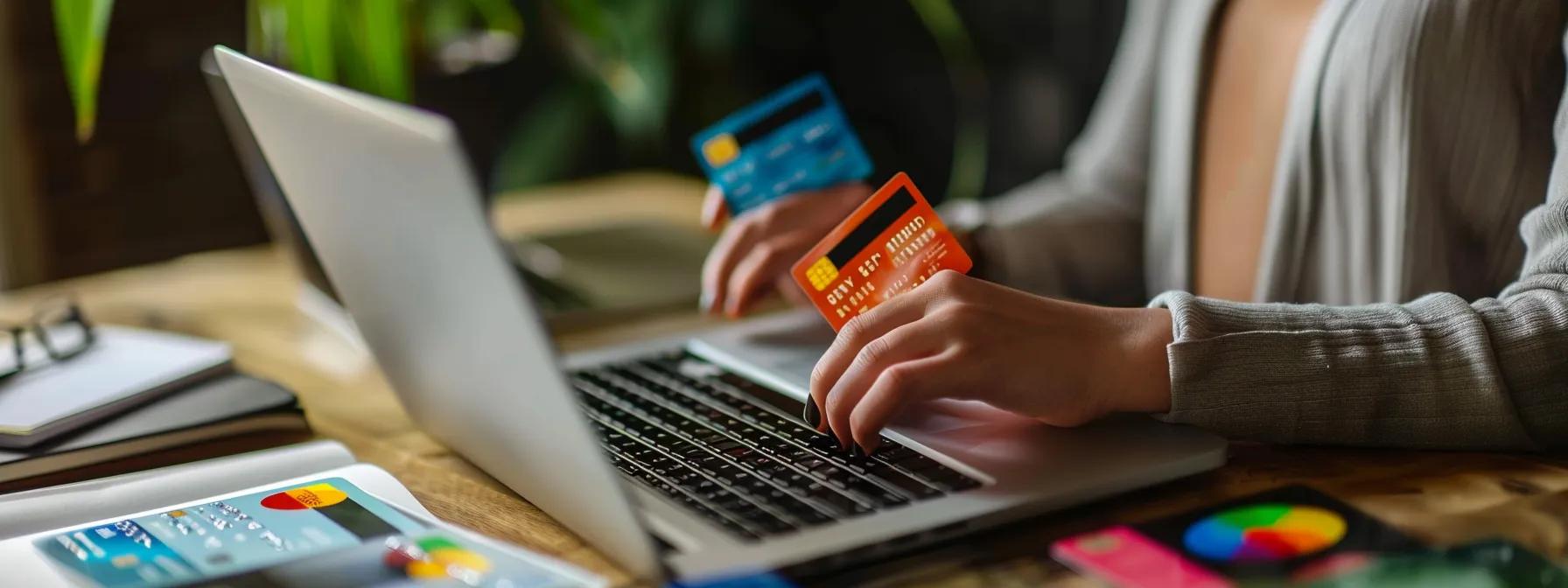 a polished office setting features a confident business professional reviewing their credit report on a sleek laptop, surrounded by strategically placed credit cards displaying various rewards, symbolizing the importance of credit scores in achieving financial advantages.