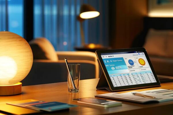 a sleek, modern office desk is adorned with vibrant travel brochures and a digital tablet displaying a dynamic dashboard of credit card rewards points, illuminated by the warm glow of an overhead light, emphasizing the strategic mastery of maximizing rewards programs.