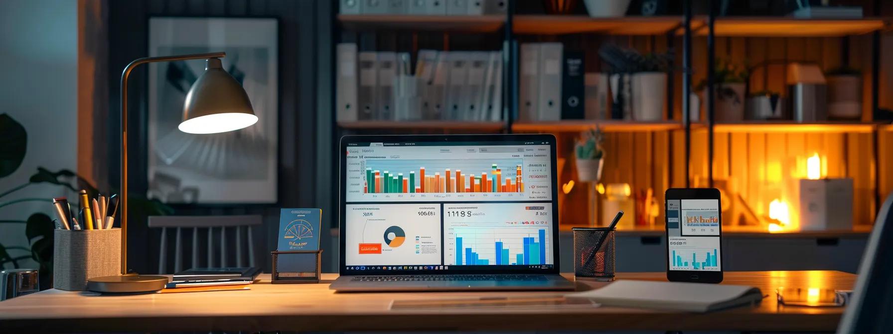 a sleek, modern office desk is filled with a laptop displaying a vibrant dashboard of credit card points and rewards, alongside neatly organized paperwork and a smartphone featuring a financial app, all illuminated by dynamic led desk lighting.