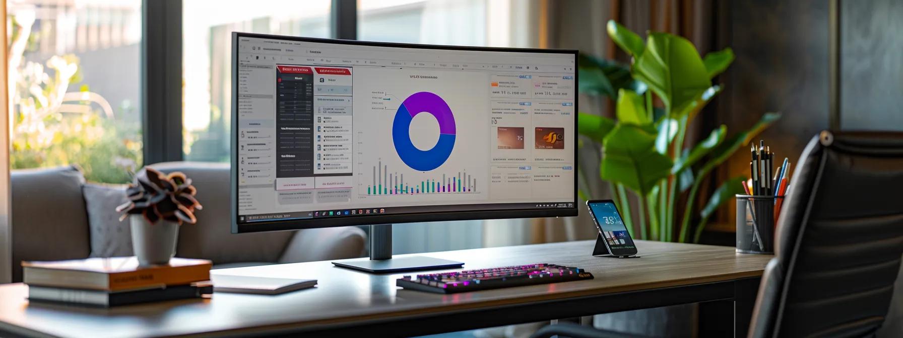 a sleek, modern office desk showcases a digital dashboard on a high-resolution monitor, displaying colorful credit card rewards and points analytics, with a stylish planner and a smartphone nearby, emphasizing proactive financial management in a sophisticated urban setting.