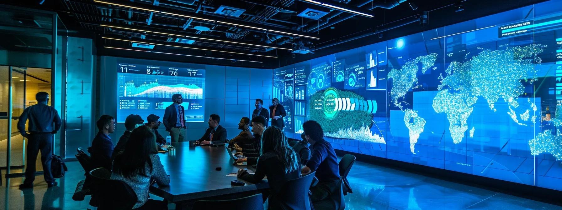 a sleek, modern office environment showcases a diverse group of professionals engaged in an intense discussion around a polished conference table, with a large digital display illustrating credit score graphics and reward card benefits prominently in the background.