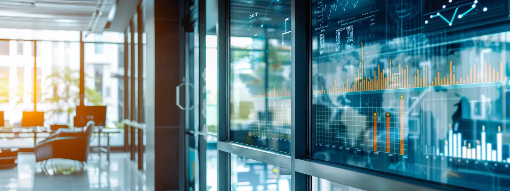 a sleek, modern office space showcases a sophisticated digital display of credit card rewards points and travel mileage graphs, highlighted by sharp lighting that emphasizes the intricate details of an interactive rewards program interface.
