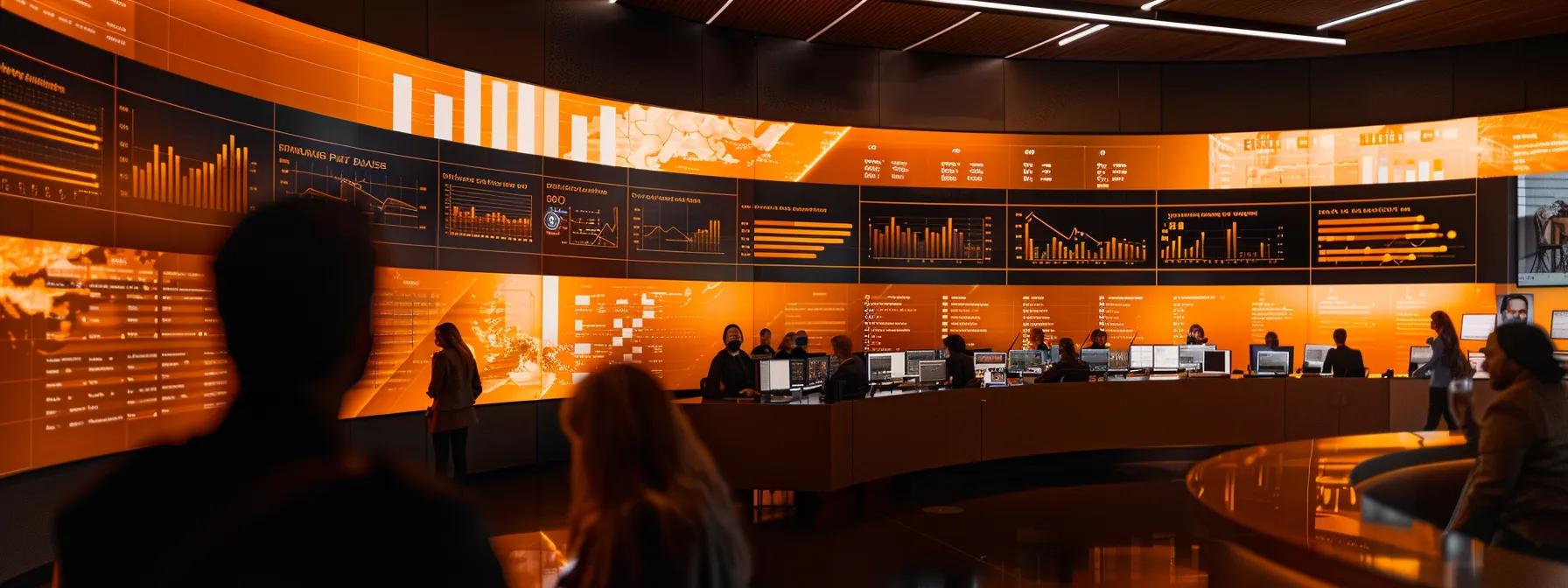 a sleek, modern office space showcases a diverse group of professionals intently analyzing financial data on large screens, with detailed credit score metrics and graphs highlighting the importance of creditworthiness in reward card approvals.