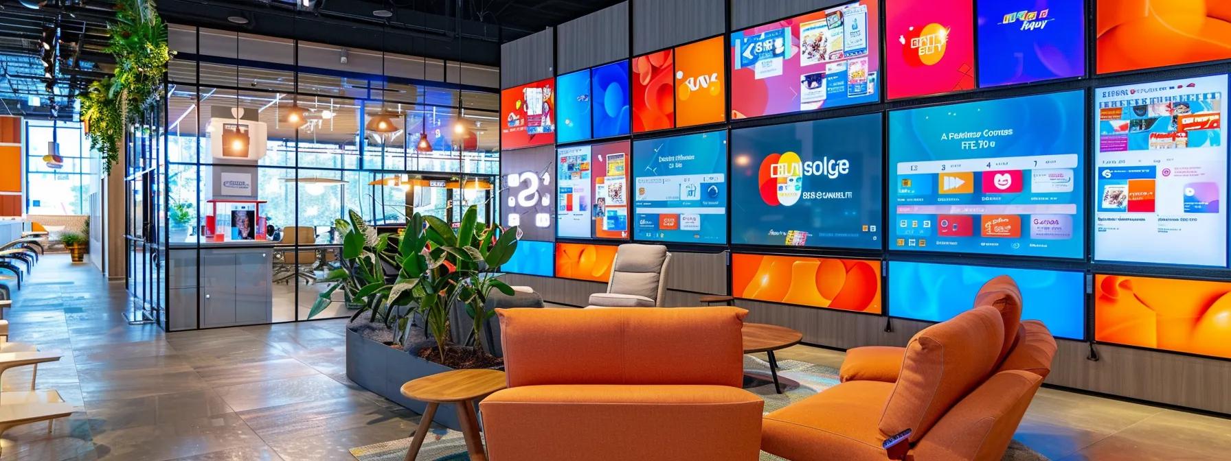 a sleek, modern office space is filled with vibrant digital screens displaying various credit card rewards programs and their enticing bonuses, highlighting strategic financial decisions in an engaging, dynamic presentation.