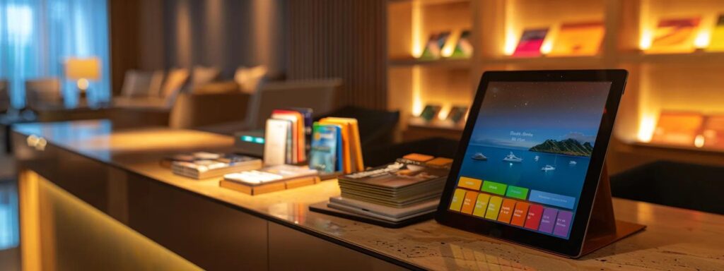 a sleek modern office workspace features an organized desk with an array of colorful credit cards prominently displayed beside a digital tablet showcasing enticing travel destinations and rewards, illuminated by warm, ambient lighting.