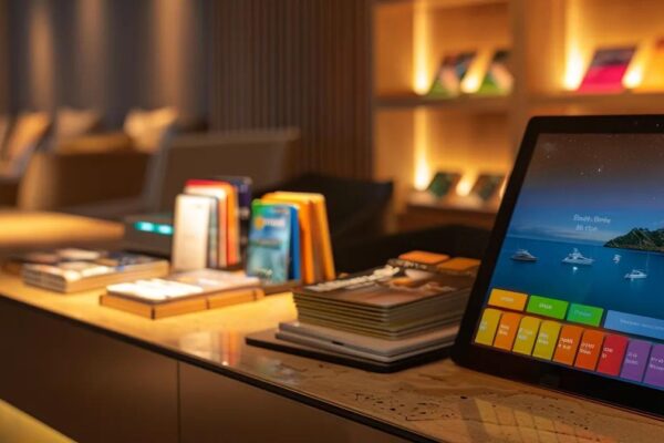 a sleek modern office workspace features an organized desk with an array of colorful credit cards prominently displayed beside a digital tablet showcasing enticing travel destinations and rewards, illuminated by warm, ambient lighting.