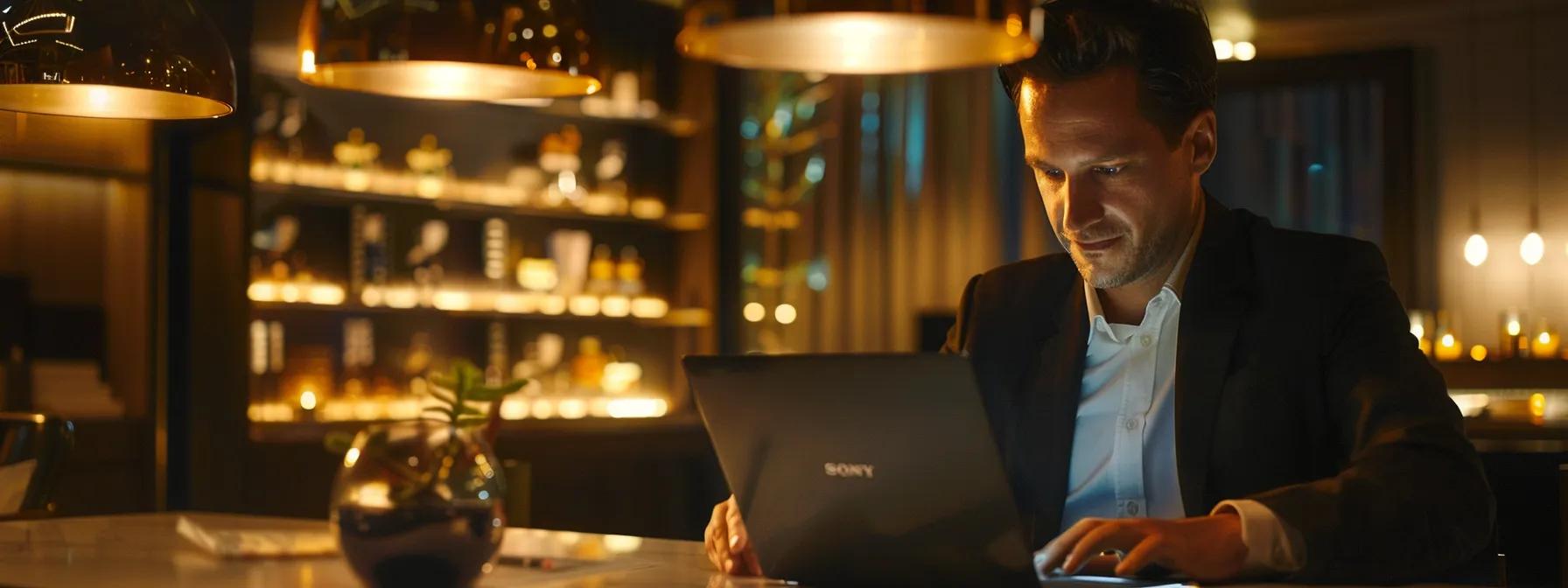 a sleek office setting showcases an attentive professional analyzing various travel credit cards on a modern laptop, with vibrant infographics and comparison tables displayed prominently on the screen, capturing the essence of maximizing travel rewards for low spenders in 2025.