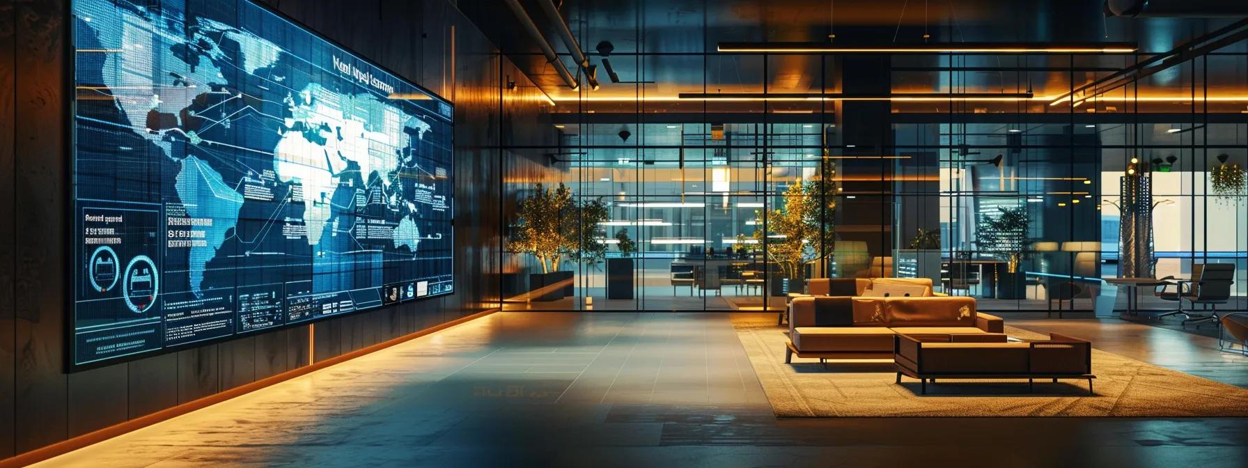 a sleek urban office interior showcases a vibrant, digital infographic highlighting the diverse perks of credit card rewards programs, with dynamic visuals of travel insurance, concierge services, and airport lounge access, all set against a backdrop of professional surroundings and soft, ambient lighting.