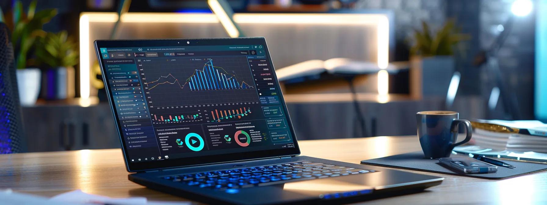 a sleek, modern office workspace showcases a sophisticated laptop displaying an interactive comparison chart of travel credit cards, surrounded by vibrant infographics highlighting rewards rates and travel perks, illuminated by focused task lighting.